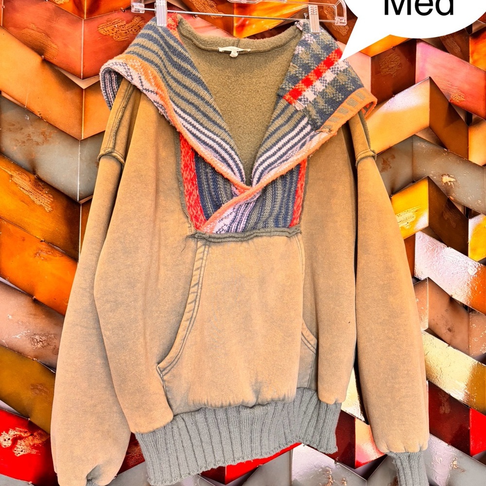 Easel Tan Sweater with Patterned Hood